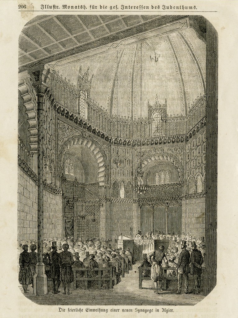 Woodcut showing crowd in interior of the Great Synagogue of Algiers