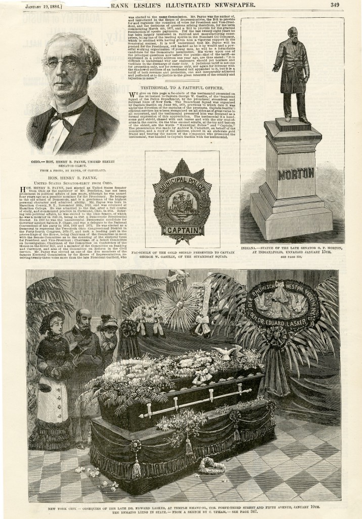 Obsequies of the late Dr. Edward Lasker, printed illustration of casket surrounded by flowers