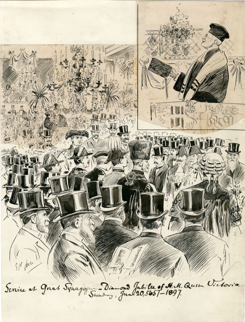 Pen and ink drawing of a synagogue celebrating Queen Victoria's jubilee