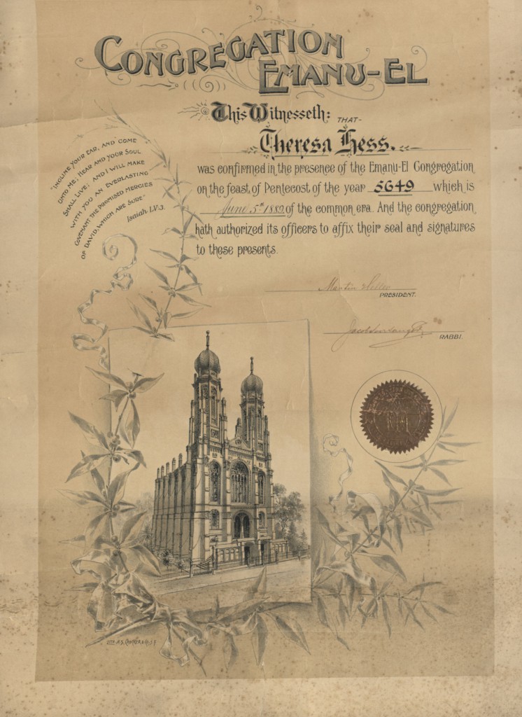 Certificate of confirmation for Theresa Hess, Congregation Emanu-El